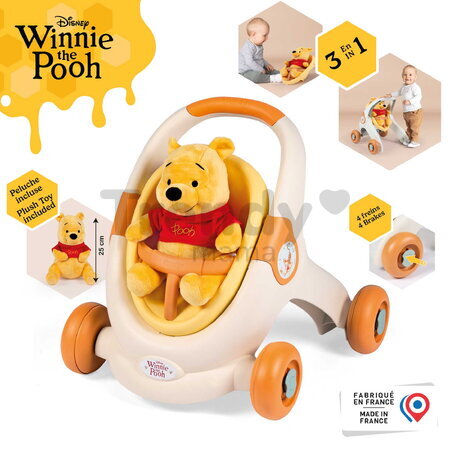 Didaktické chodítko a kočík Winnie the Pooh Baby Walker 3v1 Smoby s 25 cm plyšovou bábikou a brzdami od 12 mes