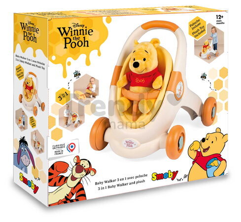 Didaktické chodítko a kočík Winnie the Pooh Baby Walker 3v1 Smoby s 25 cm plyšovou bábikou a brzdami od 12 mes