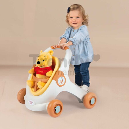 Didaktické chodítko a kočík Winnie the Pooh Baby Walker 3v1 Smoby s 25 cm plyšovou bábikou a brzdami od 12 mes