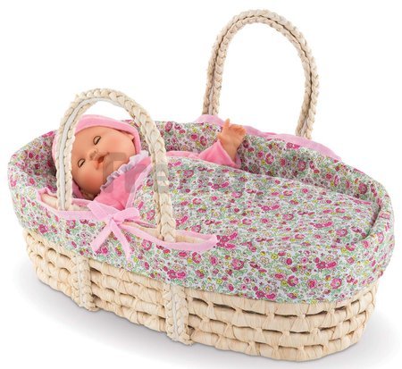 Prútený košík s prikrývkou a vankúšom Braided Basket Floral Corolle pre 36-42 cm bábiku