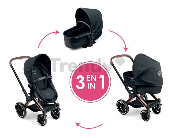 Kočík trojkombinácia pre bábiku Cybex Black 3in1 Priam Corolle skladací s multifunkčnými prednými kolesami pre 36-52 cm bábiku
