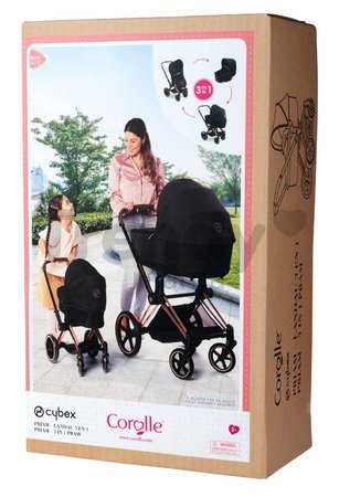 Kočík trojkombinácia pre bábiku Cybex Black 3in1 Priam Corolle skladací s multifunkčnými prednými kolesami pre 36-52 cm bábiku