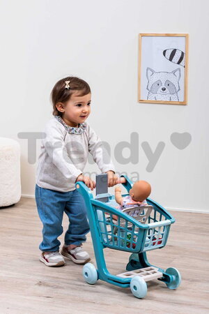 Nákupný vozík s 30 cm bábikou Trolley Doll Vert Azur Écoiffier 8 doplnkov so smartfónom od 18 mes