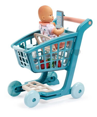Nákupný vozík s 30 cm bábikou Trolley Doll Vert Azur Écoiffier 8 doplnkov so smartfónom od 18 mes