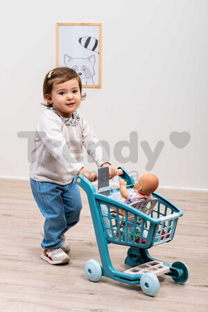 Nákupný vozík s 30 cm bábikou Trolley Doll Vert Azur Écoiffier 8 doplnkov so smartfónom od 18 mes