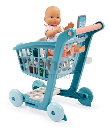 Nákupný vozík s 30 cm bábikou Trolley Doll Vert Azur Écoiffier 8 doplnkov so smartfónom od 18 mes