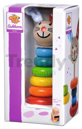 Drevený zajačik Stacking Rabbit Baby Eichhorn výška 18 cm stohovateľný s plyšovými uškami od 12 mes