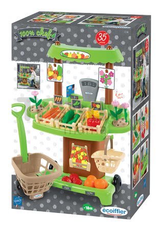 Zeleninový Bio stánok s vozíkom Organic 100% Chef Écoiffier hnedý s 35 doplnkami od 18 mes