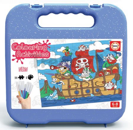 Puzzle vymaľovánky Piráti Colouring Activities v kufríku Educa 100 dielov - maľovanie s neónovými fixkami od 6 rokov