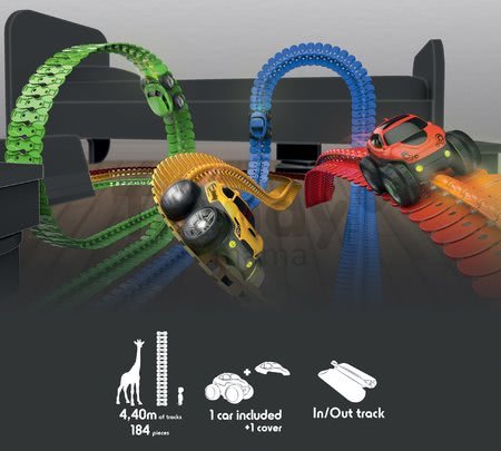 Flexibilná autodráha FleXtrem Discovery Set Smoby 184 dielov dráhy a 440 cm dlhá s elektronickým svietiacim autom od 4 rokov