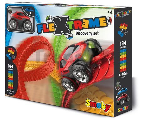 Flexibilná autodráha FleXtrem Discovery Set Smoby 184 dielov dráhy a 440 cm dlhá s elektronickým svietiacim autom od 4 rokov