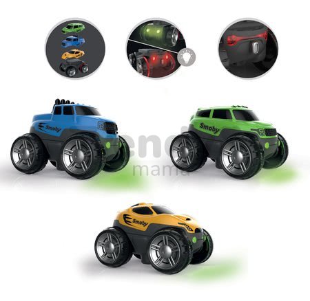 Náhradné autíčko k flexibilnej autodráhe FleXtreme Discovery Set Smoby s troma vymeniteľnými karosériami modrá žltá a zelená od 4 rokov