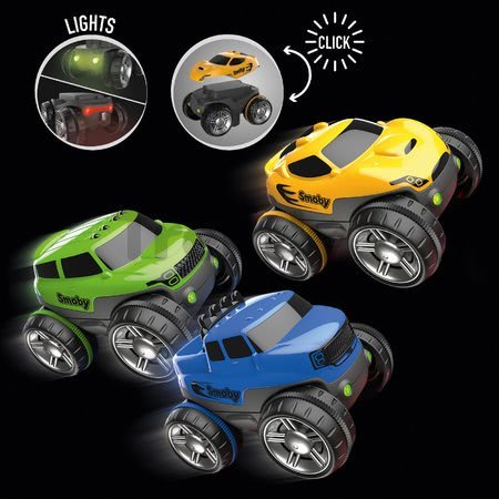 Náhradné autíčko k flexibilnej autodráhe FleXtreme Discovery Set Smoby s troma vymeniteľnými karosériami modrá žltá a zelená od 4 rokov