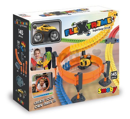 Flexibilná autodráha s oblúkom Flextreme Superloop Circuit Smoby vertikálno-horizontálne s autom 145 dielov od 4 rokov