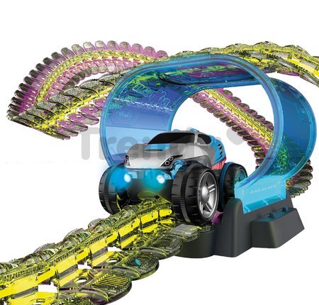 Flexibilná autodráha Flextreme Neon Set Smoby svietiaca v tme v rôznych farbách 2,6 m dlhá 112 dielov s elektronickým autom od 4 rokov