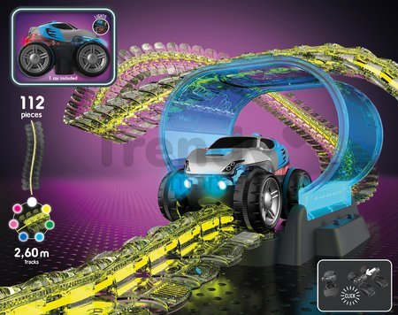 Flexibilná autodráha Flextreme Neon Set Smoby svietiaca v tme v rôznych farbách 2,6 m dlhá 112 dielov s elektronickým autom od 4 rokov
