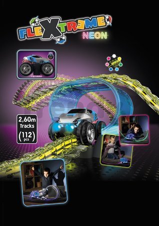 Flexibilná autodráha Flextreme Neon Set Smoby svietiaca v tme v rôznych farbách 2,6 m dlhá 112 dielov s elektronickým autom od 4 rokov