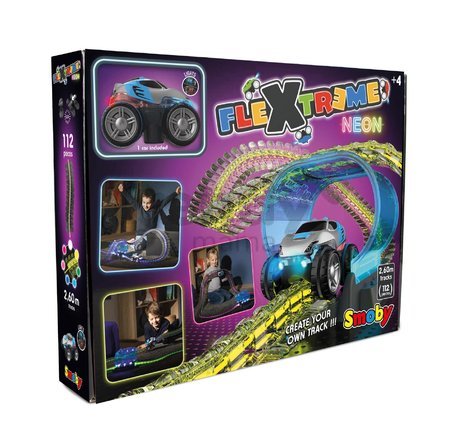 Flexibilná autodráha Flextreme Neon Set Smoby svietiaca v tme v rôznych farbách 2,6 m dlhá 112 dielov s elektronickým autom od 4 rokov