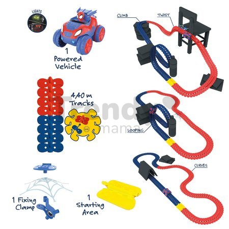 Flexibilná autodráha Spidey Marvel Flextreme Set Smoby s elektronickým autíčkom 184 dielov dráhy 4,40 m dĺžka s pavučinou od 4 rokov
