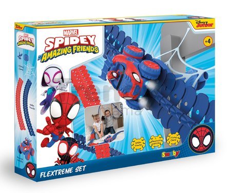 Flexibilná autodráha Spidey Marvel Flextrem Set Smoby s elektronickým autíčkom 184 dielov dráhy 4,40 m dĺžka s pavučinou od 4 rokov