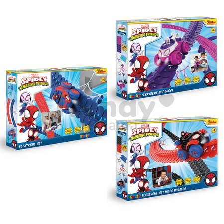 Flexibilné autodráhy Spidey Marvel Flextreme Set Asst Smoby sada 2 druhov s elektronickými autíčkami 184 dielov dráhy 4,40 m dĺžka s pavučinou od 4 ro