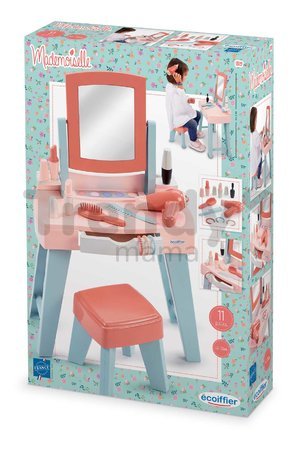 Kozmetický stolík so stoličkou Mademoiselle My First Beauty Table Écoiffier so sušičom na vlasy 11 doplnkov od 12 mes