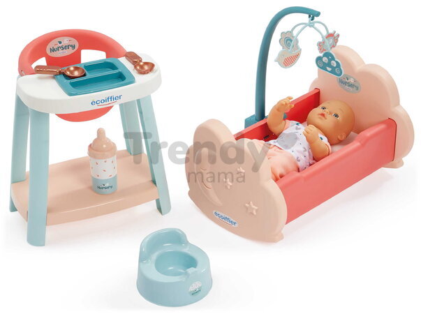 Opatrovateľská súprava s 30 cm bábikou Nursery Écoiffier jedálenská stolička s postieľkou a nočníkom 8 doplnkov od 18 mes
