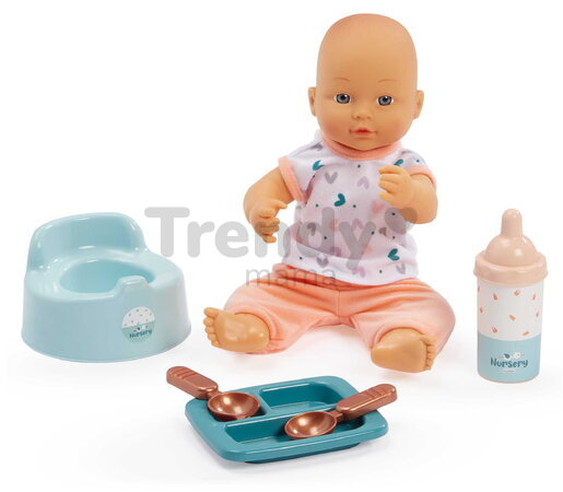 Opatrovateľská súprava s 30 cm bábikou Nursery Écoiffier jedálenská stolička s postieľkou a nočníkom 8 doplnkov od 18 mes