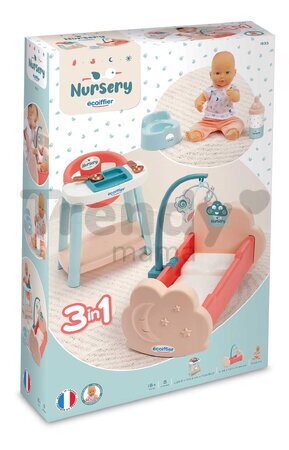 Opatrovateľská súprava s 30 cm bábikou Nursery Écoiffier jedálenská stolička s postieľkou a nočníkom 8 doplnkov od 18 mes