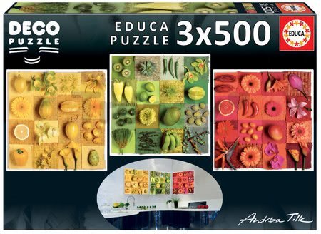 Puzzle Exotic Fruits and Flowers Educa Andrea Tilk 3x500 a Fix lepidlo od 11 rokov