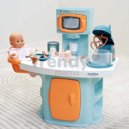 Kuchynka s jedálenským kútikom pre bábiku Nursery Écoiffier 11 doplnkov s chladničkou a mixérom od 18 mes