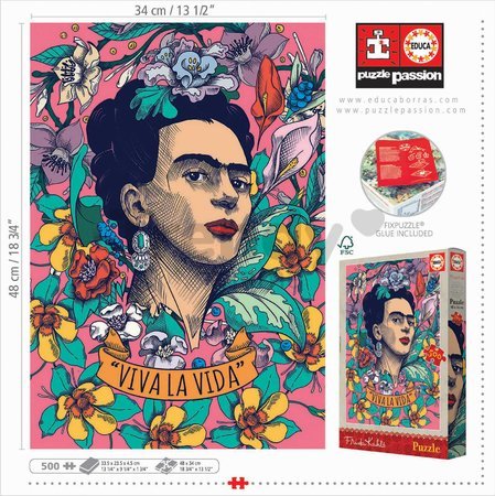 Puzzle “Viva la Vida” Frida Kahlo Educa 500 dielov a Fix lepidlo