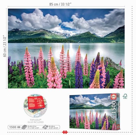 Puzzle Lupins On The Shores of Lake Sils Switzerland Educa 1500 dielov a Fix lepidlo