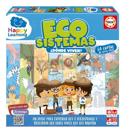 Náučná hra Ekosystémy Ecosystems Happy Learning Educa pre 2-4 hráčov so 64 kartami v španielčine od 6 rokov