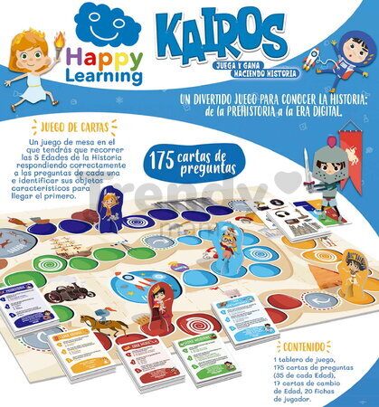 Náučná hra Cesta históriou Kairos Happy Learning Educa pre 2-4 hráčov 175 kariet s otázkami v španielčine od 8 rokov