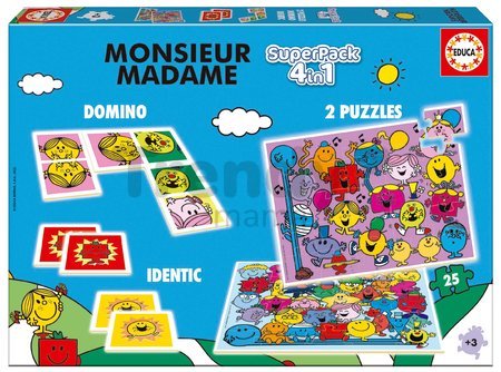 Superpack 4v1 Monsieur Madame Educa domino pexeso a 2 puzzle s 25 dielikmi