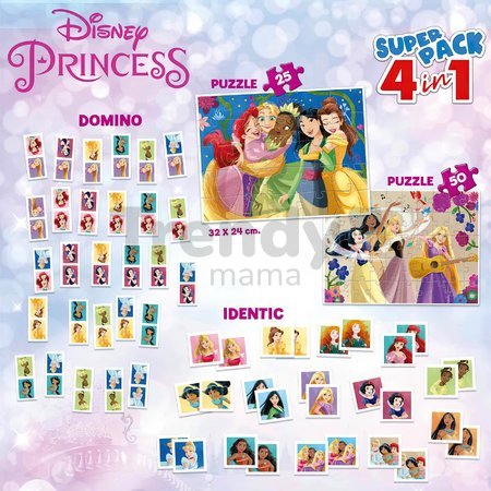 Superpack 4v1 Disney Princess Educa domino pexeso a puzzle s 25 a 50 dielikmi