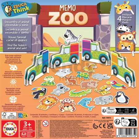 Pamäťová hra so zvieratkami a maskami Memo Zoo Educa pre 2-4 hráčov v španielčine, angličtine, francúzštine a portugalčine od 3 rokov EDU19975