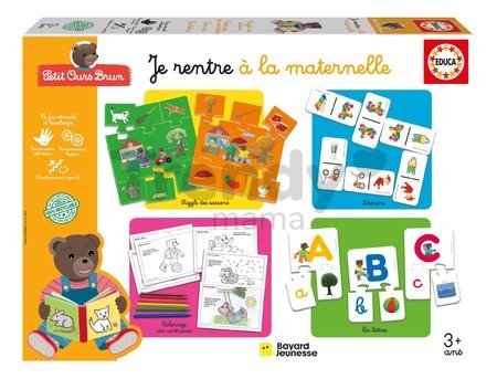 Náučné hry pre najmenších 4v1 Petit Ours Brun Educa puzzle domino vyfarbovanie obrázkov a prvé písmenká