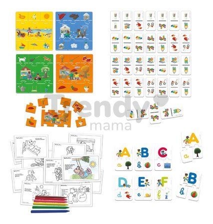 Náučné hry pre najmenších 4v1 Petit Ours Brun Educa puzzle domino vyfarbovanie obrázkov a prvé písmenká