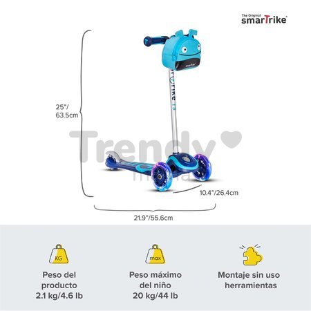 Kolobežka T3 smarTrike so svietiacimi kolesami a batohom nosnosť 20 kg modrá od 24 mes