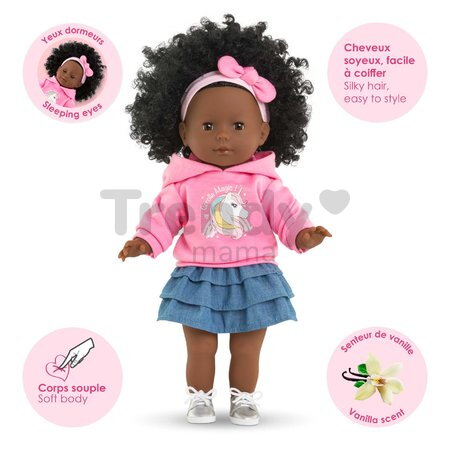 Bábika Maëlys Ma Corolle čierne kučeravé vlasy a hnedé klipkajúce oči 36 cm