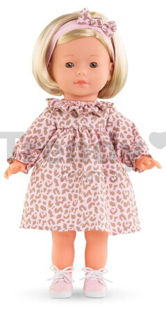 Bábika Candice Ma Corolle krátke blond vlasy a hnedé žmurkajúce oči v ružových vzorovaných šatách 36 cm
