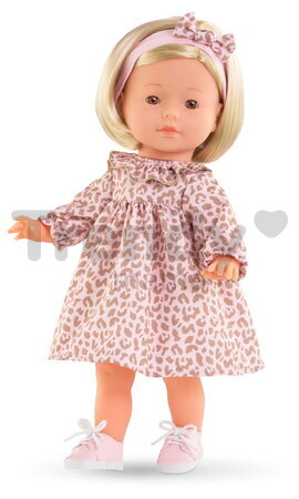 Bábika Candice Ma Corolle krátke blond vlasy a hnedé žmurkajúce oči v ružových vzorovaných šatách 36 cm