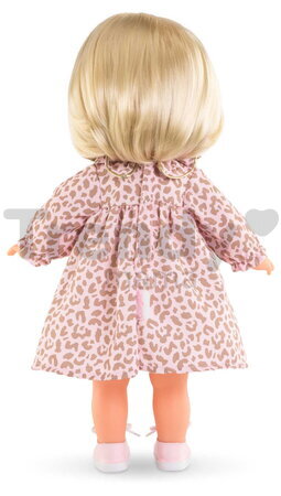 Bábika Candice Ma Corolle krátke blond vlasy a hnedé žmurkajúce oči v ružových vzorovaných šatách 36 cm