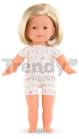 Bábika Candice Ma Corolle krátke blond vlasy a hnedé žmurkajúce oči v ružových vzorovaných šatách 36 cm