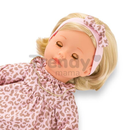 Bábika Candice Ma Corolle krátke blond vlasy a hnedé žmurkajúce oči v ružových vzorovaných šatách 36 cm
