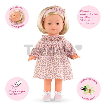 Bábika Candice Ma Corolle krátke blond vlasy a hnedé žmurkajúce oči v ružových vzorovaných šatách 36 cm