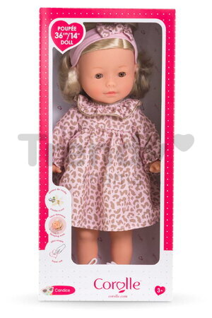 Bábika Candice Ma Corolle krátke blond vlasy a hnedé žmurkajúce oči v ružových vzorovaných šatách 36 cm