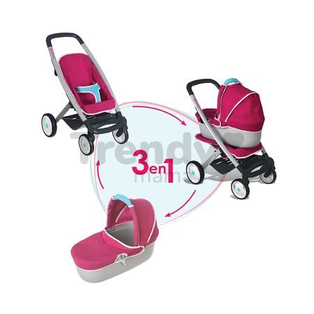 Kočík pre bábiku Maxi Cosi & Quinny 3v1 Smoby (65,5 cm rúčka) ružovo-modrý
